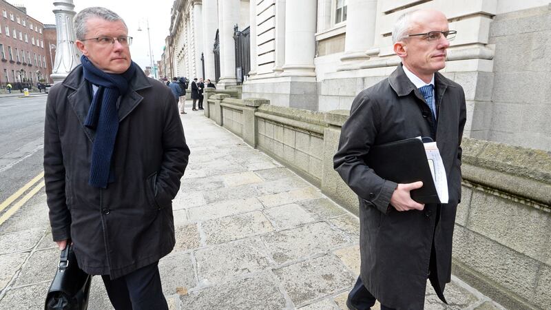 Michael Horan Insurance Ireland, and Kevin Thompson, chief executive of Insurance Ireland, leaving Government Buildings following a meeting with Taoiseach Enda Kenny and Minister of State Simon Harris, to discuss the provision of insurance cover for those affected by flooding. Photograph: Eric Luke/The Irish Times