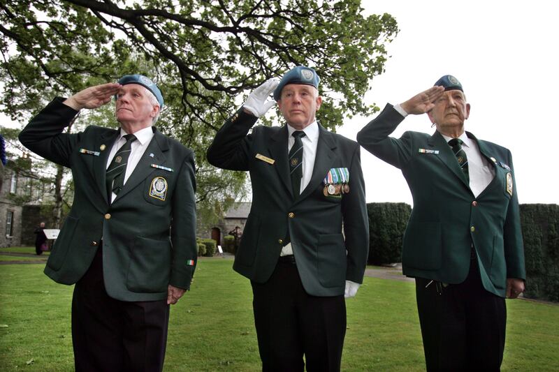 President of the Irish United Nations Veterans Association Major General Vincent Savino (centre), with members including Tommy Moloney (left) and Dan Garland saluting Irish Patriots during the 1916 Comemoration Ceremony at Arbour Hill in Dublin in 2006. Savino helped to found the veterans' association shortly after his retirement in 1989. Photograph: Matt Kavanagh