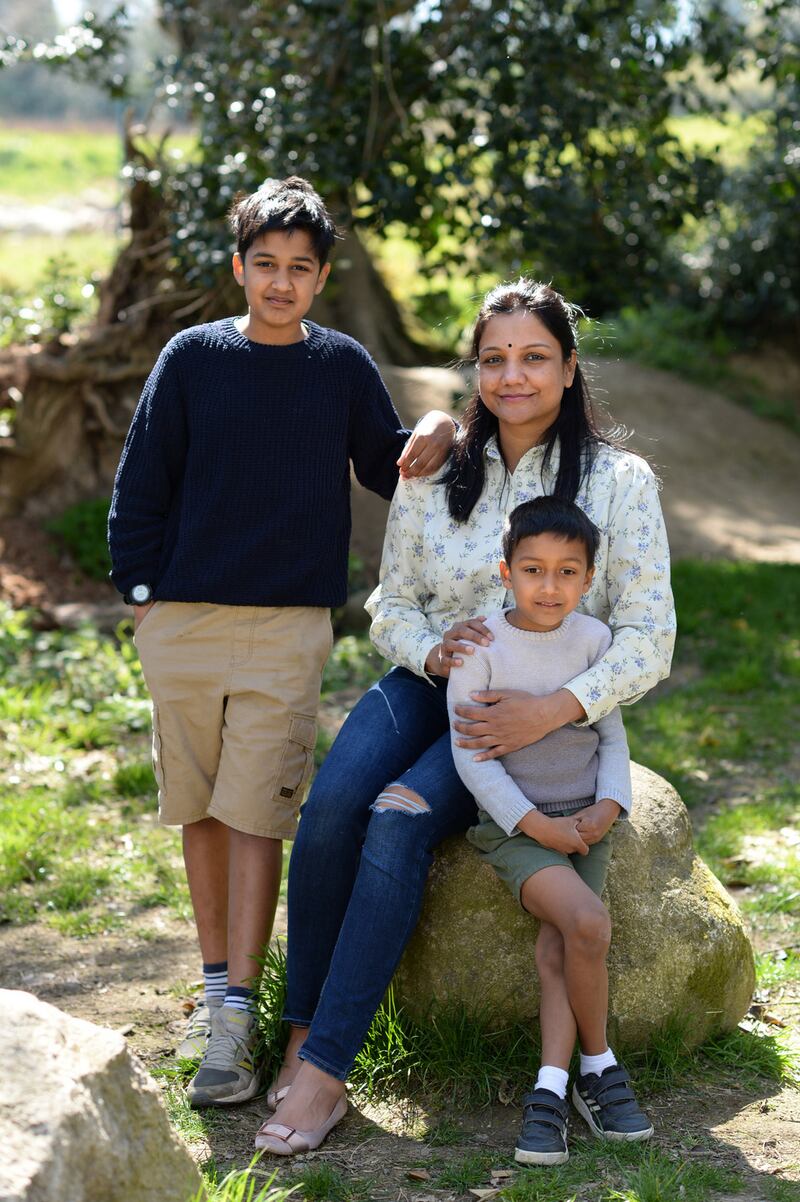 Neelam Saria with children, Sunay (10) and Samay (6), at home in Kilternan, Dublin. Photograph: Dara Mac Dónaill