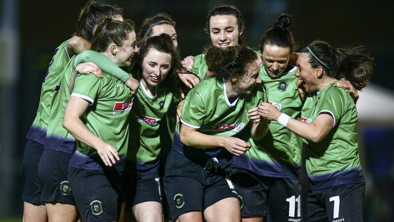 Peamount’s Karen Duggan is congratulated by team-mates after scoring her side’s second goal. Photograph: Ken Sutton/Inpho