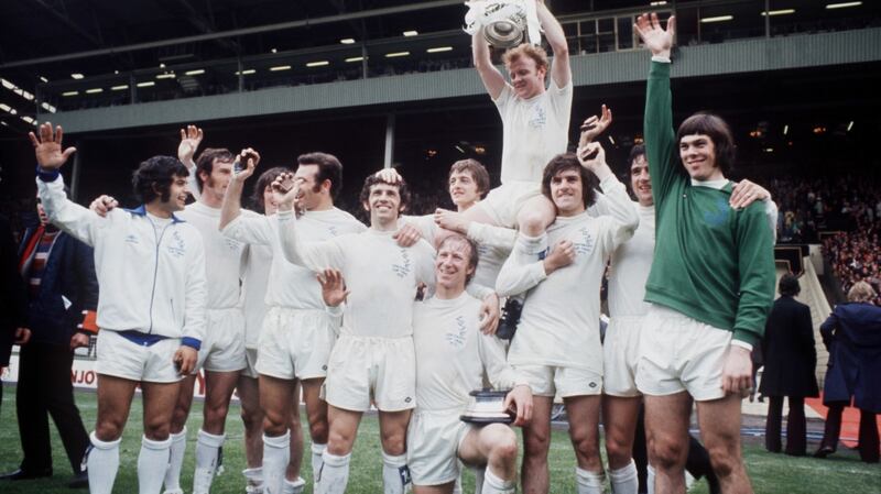 Leeds United celebrate winning the FA Cup in 1972: (left-right) Mick Bates, Paul Madeley, Eddie Gray, Paul Reaney, Johnny Giles, Jack Charlton, Allan Clarke, Billy Bremner, Peter Lorimer, Norman Hunter and David Harvey. Photo: PA Photos/PA Wire