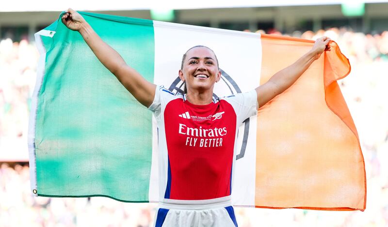 Katie McCabe celebrates after Arsenal beat Barcelona in the Champions League final last Saturday. Photograph: Jose Breton/Inpho