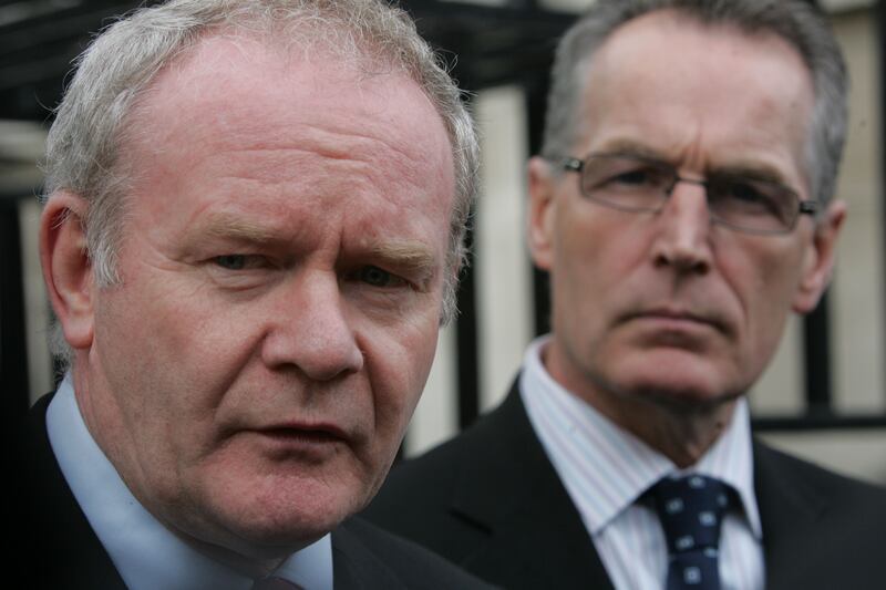 Sinn Féin's Martin McGuinness (since deceased) and Gerry Kelly at Government Buildings in Dublin to discuss a political impasse in Northern Ireland in 2008. Photograph: Alan Betson      