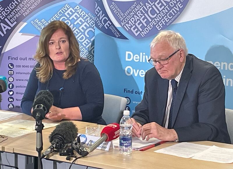 Northern Ireland Policing Board chair Deirdre Toner and vice chair Edgar Jardine announce PSNI chief constable Simon Byrne has resigned during a press conference at the board headquarters in Belfast on Monday. Photograph: Rebecca Black/PA Wire
