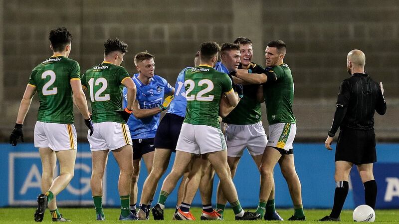 Tempers flare between the sides. Photo: Laszlo Geczo/Inpho