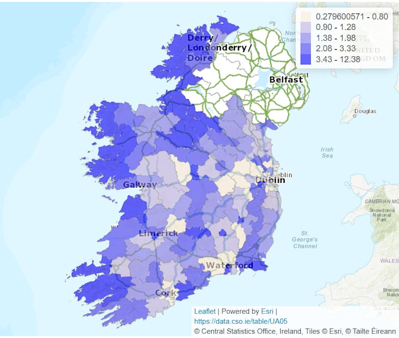 Arrivals from Ukraine (based on PPSN allocations) as a percentage of the Census 2022 de facto population. Graphic: CSO