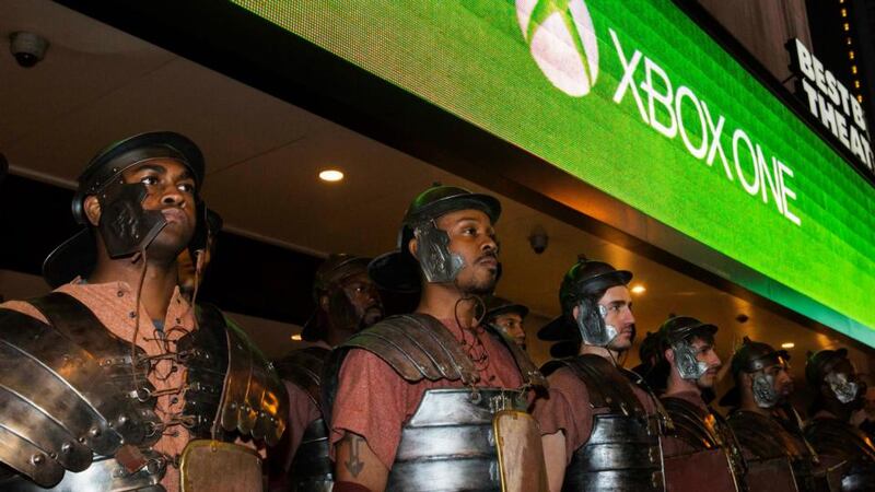 Actors dressed as characters from the Xbox One game “Ryse: Son of Rome” stand in front of an event celebrating the midnight launch of the Xbox One in New York. Photograph: Lucas Jackson/Reuters