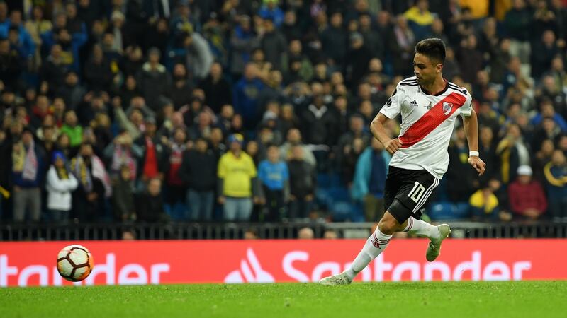 Gonzalo ‘Pity’ Martinez scores River Plate’s  third goal at the Santiago Bernabéu to clinch a landmark Copa Libertadores title at the expense of rivals Boca Juniors. He will join Atlanta United next season. Photograph: Matthias Hangst/Getty Images