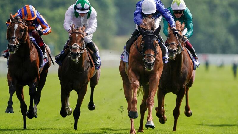 James Doyle riding Yibir (blue) to win the   Great Voltigeur Stakes at York. Photograph: Alan Crowhurst/Getty Images