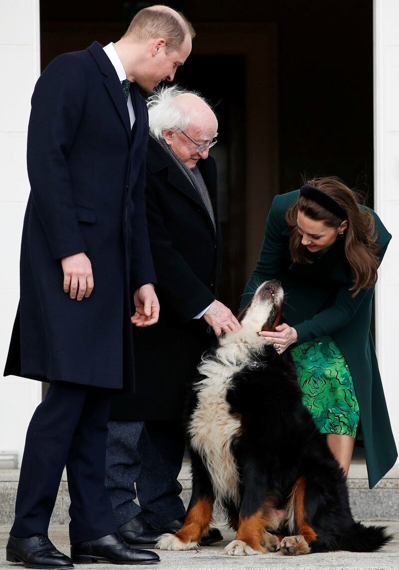 The Duke and Duchess of Cambridge with President Michael D Higgins and his dog, Bród, outside Áras an Uachtaráin, at the beginning of their three-day visit to the Republic. Photograph: Phil Noble/PA Wire