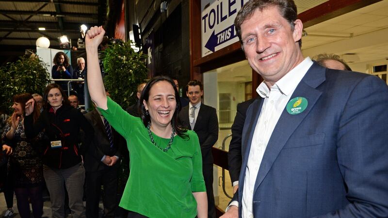 Green Party deputy leader Catherine Martin celebrates winning a seat for the party in the Dublin Rathdown constituency with Green leader Eamon Ryan. Photograph: Eric Luke/The Irish Times.