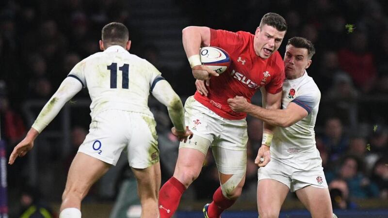 Wales’ Scott Williams being tackled by England’s George Ford during their clash two weeks ago. Photo: Facundo Arrizabalaga/EPA