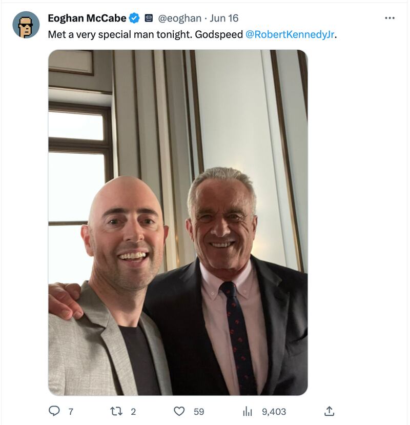 Screenshot of tweet posted by Intercom CEO Eoghan McCabe with Robert F Kennedy Jr.