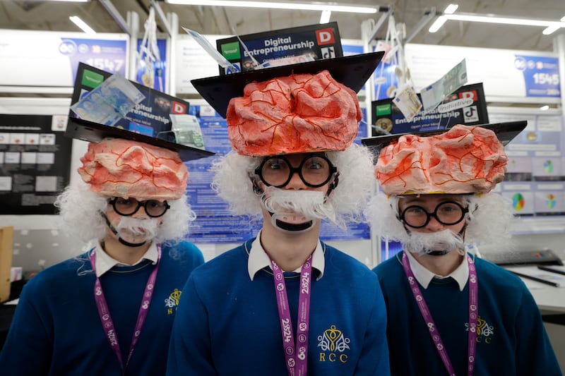  Jamie Lohan, Eoghan Morris and Callum Leech from Roscommon Community College with their project Exploring Adolescent Digital Entrepreneurship at the 60th Annual BT Young Scientist & Technology Exhibition.Photograph: Alan Betson / The Irish Times

