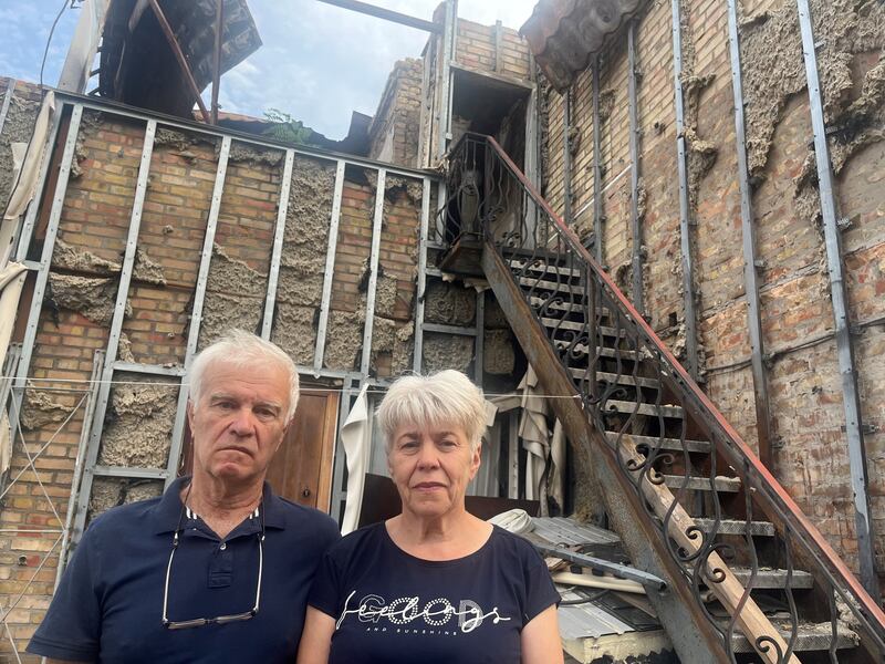 Mykola and Nataliia Anisimov, a couple whose home in Hostomel, near Kyiv, was destroyed when Russia invaded Ukraine. Photograph: Jack Power