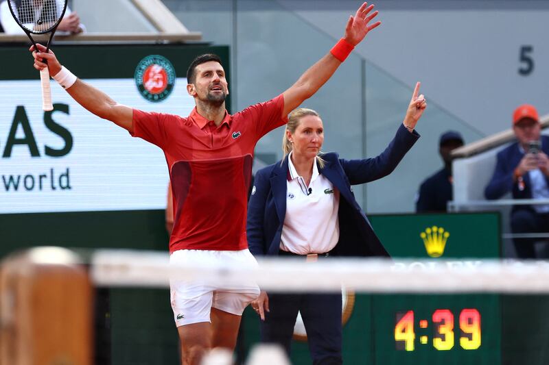 Serbia's Novak Djokovic celebrates after winning against Argentina's Francisco Cerundolo. Photograph: Emmanuel Dunand/AFP via Getty Images