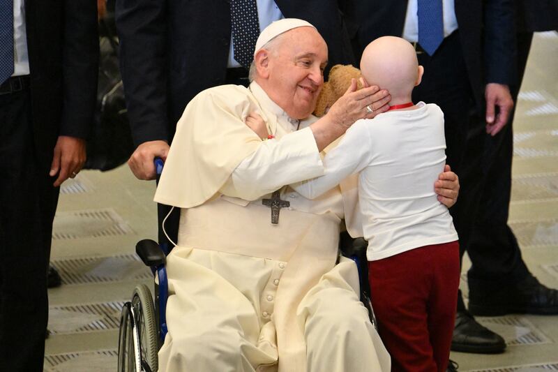 Pope Francis blesses a child during a meeting with children from all over the world in The Vatican in November 2023. Photograph: Alberto Pizzoli/Getty