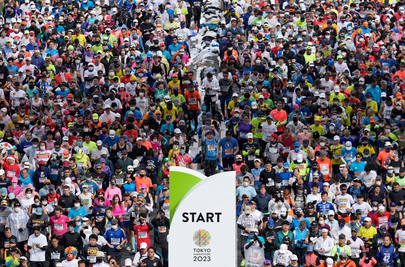 Runners fill the street in front of the Tokyo Metropolitan Government Building at the start of the Tokyo Marathon 2023. Some 38,000 runners usually participate in the Tokyo Marathon, one of the six races in the World Marathon Majors (WMM). Photograph: Frank Robichon/Pool