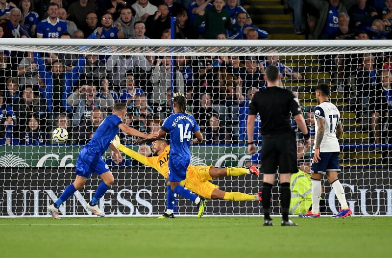Jamie Vardy scores Leicester City's equaliser against Tottenham Hotspur in the teams' opening Premier League game of the season.  Photograph: Michael Regan/Getty Images