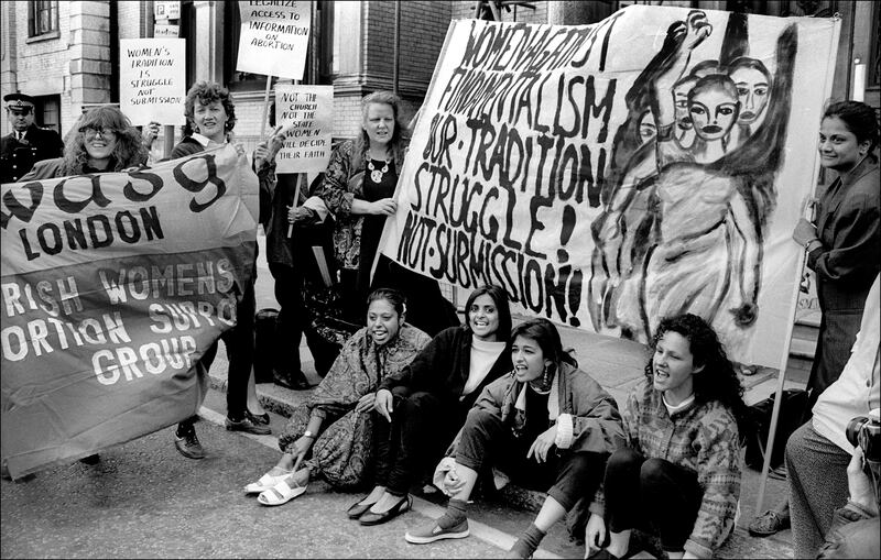 First outing of the Irish Women’s Support Campaign Group – a picket at the Irish Embassy in May 1980 with Ann Rossiter (standing, centre) of the Irish Women’s Abortion Support Group with Women against Fundamentalism against the outlawing of info on abortion in Ireland. Photograph: Joanne O’Brien.