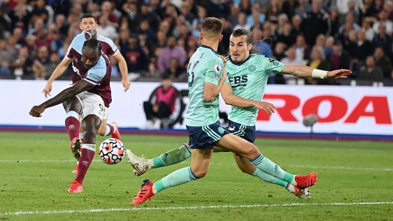 Michail Antonio scores West Ham’s third goal during the Premier League match against Leicester City at the London Stadium. Photograph: Michael Regan/Getty Images