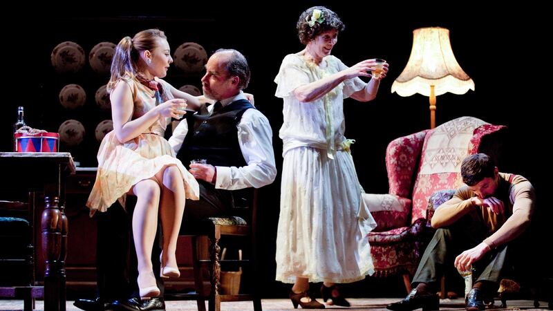 Imogen Wilde as Lulu, Jonathan Ashley as Goldberg, Cheryl Kennedy as Meg and Declan Rodgers as McCann in London Classic Theatre’s production of Harold Pinter’s The Birthday Party. Photograph: Sheila Burnett
