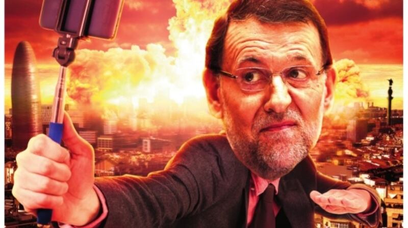 The cover of Mongolia depicting Spanish prime minister Mariano Rajoy taking a selfie as Barcelona burns