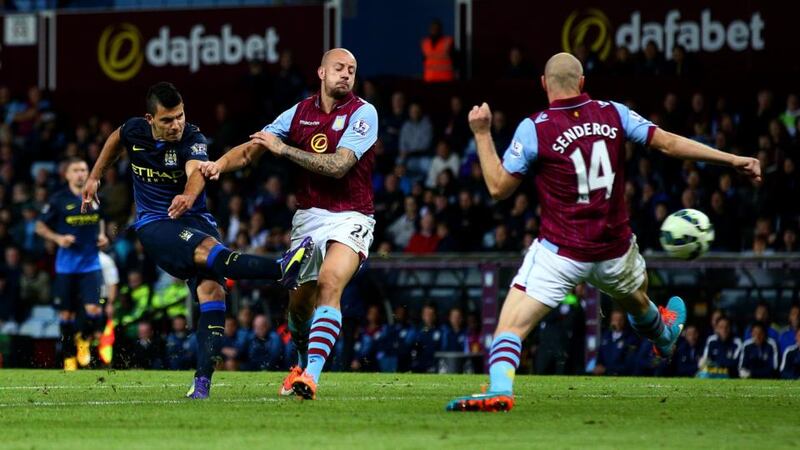 Sergio Aguero of Manchester City scores his team’s second  against  Aston Villa at Villa Park. Photograph:  Ian Walton/Getty Images