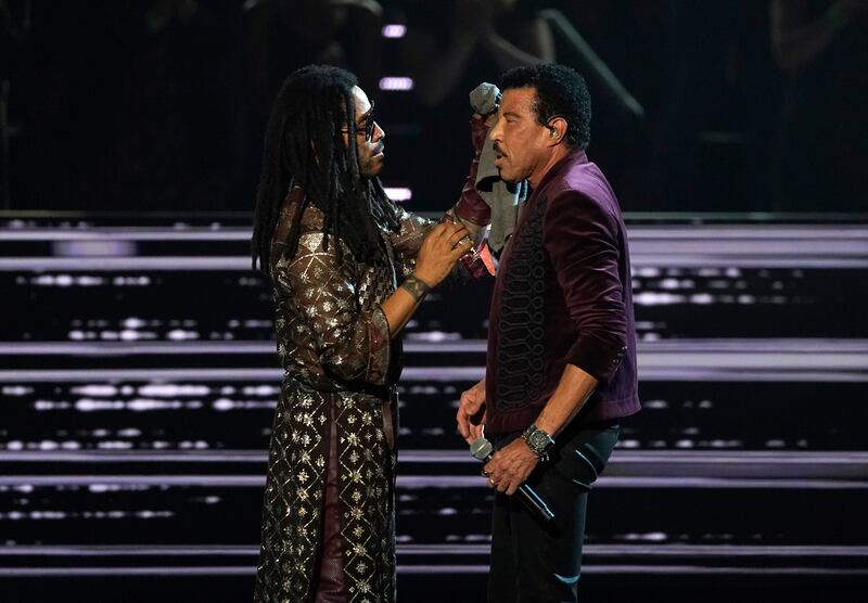 Lenny Kravitz onstage with Lionel Richie at the 2022 Rock & Roll Hall of Fame induction ceremony. Photograph: Chris Pizzello/AP