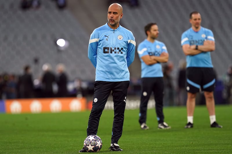 City manager Pep Guardiola during a training session at the Ataturk Olympic Stadium in Istanbul, Turkey, ahead of the Champions League final. Photograph: Nick Potts/PA Wire.

