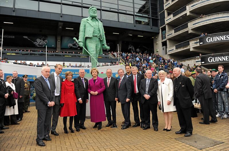 September 18th, 2011: Irish president Mary McAleese, uachtarán CLG Criostóir Ó Cuana and taoiseach Enda Kenny unveil a statue of Michael Cusack in front of the GAA Museum in Croke Park, Dublin. Photograph: Pat Murphy/Sportsfile