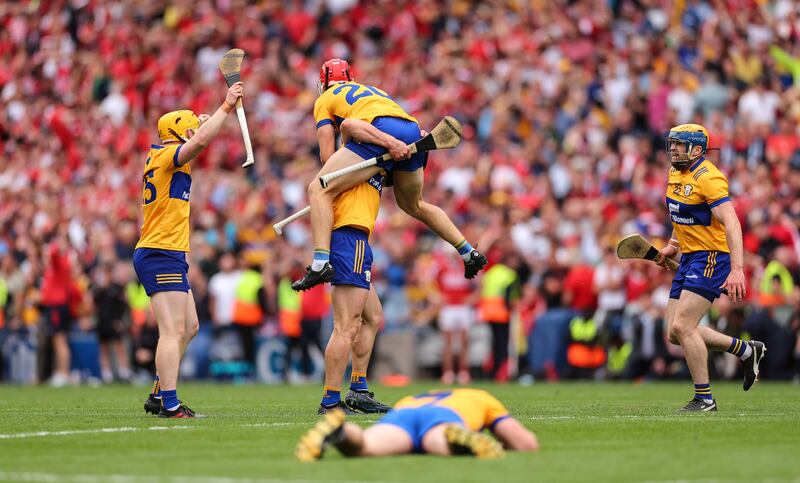 Clare’s John Conlon and Darragh Lohan celebrate victory in this year's All-Ireland Hurling Final. Photograph: James Crombie/Inpho