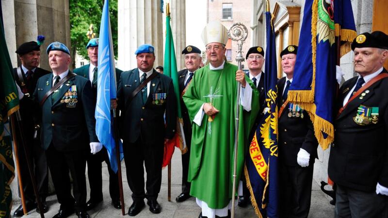 Archbishop of Dublin Diarmuid Martin pictured with members of ONE, IUNVA and Royal Dublin Fusiliers Association  after a special mass to mark the 100th anniversary of  the outbreak of the first World War at Saint Mary’s Pro-Cathedral in Dublin. Photograph: Aidan Crawley
