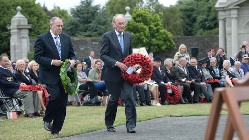 Mitchel McLaughlin, Speaker of the Northern Ireland  Assembly and Sean Barrett TD, Ceann Comhairle, laying wreaths at the annual ceremony of remembrance at the National War Memorial Gardens in Islandbridge, Dublin, July 11th, 2015. Photograph: Dara Mac Dónaill/The Irish Times
