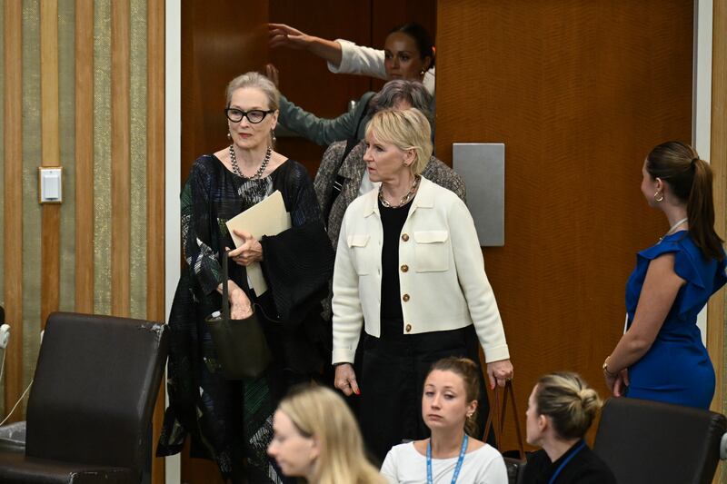 Actress Meryl Streep arrives for the event on 'Ways to Include Women In the Future of Afghanistan' at the UN headquarters in New York. Photograph: Angela Weiss/AFP via Getty