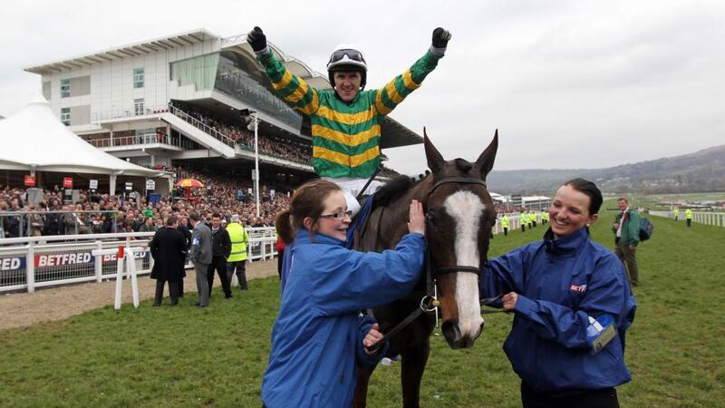 Tony McCoy celebrates on Synchronised after winning the Betfred Cheltenham Gold Cup Steeple Chase at the 2012 Cheltenham Fesitval. Photograph: David Davies/PA Wire
