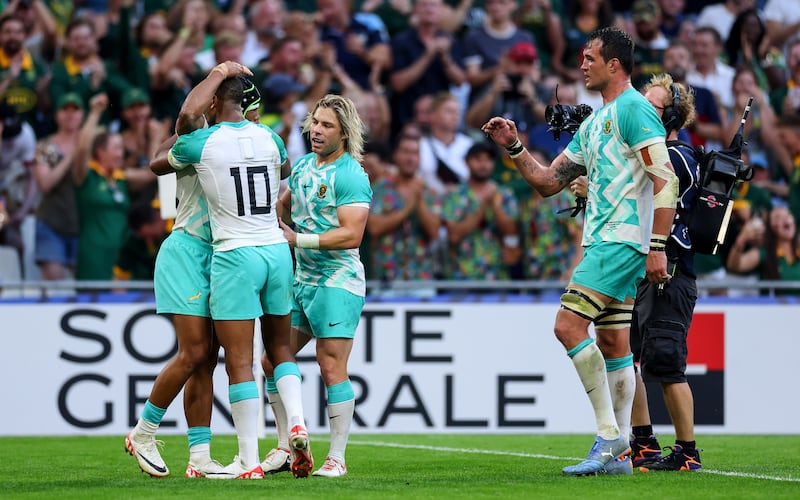 2023 Rugby World Cup Pool B, Stade de Marseille, Marseille, France 10/9/2023
South Africa vs Scotland
South Africa’s Kurt-Lee Arendse celebrates scoring a try with Mannie Libbok, Faf De Klerk and Franco Mostert
Mandatory Credit ©INPHO/James Crombie