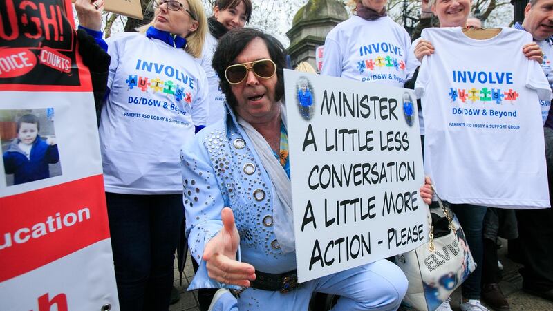 Elvis impersonator Myles Kavanagh from Kilkenny protesting on behalf of his grandson Preslie Kavanagh (4) at Leinster House. Photograph: Gareth Chaney/Collins