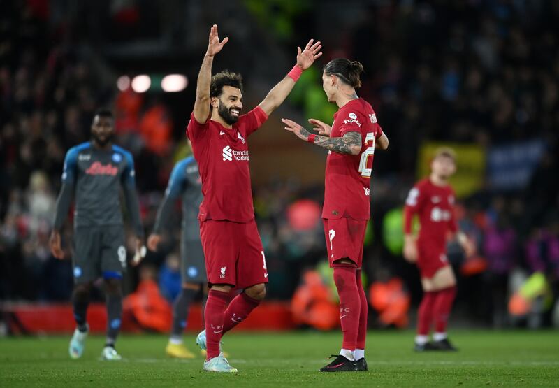 Darwin Nunez of Liverpool celebrates with Mo Salah after scoring his side's second goals against Napoli. Photograph: Michael Regan/Getty Images