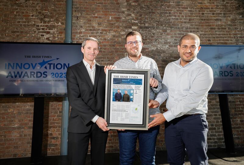 Ciarán Seoighe of Science Foundation Ireland with Muhammad Yassin and Muneer Sawaied of Genicity, winners of the Lifescience and healthcare category at The Irish Times Innovation Awards 2023. Photo: Conor McCabe