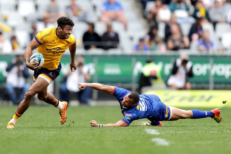 Ulster's Rob Baloucoune and Godlen Masimla of the DHL Stormers during last season's URC semi-final at DHL Stdium, Cape Town, South Africa. Ulster host the Bulls on Saturday in Belfast. Photograph: Laszlo Geczo/Inpho
