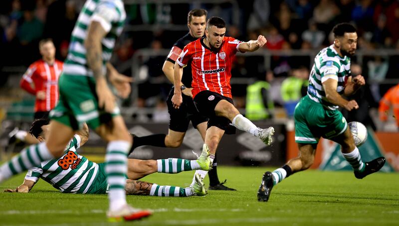Derry City’s Michael Duffy shoots on goal against Shamrock Rovers last month. Photograph: ©INPHO/Ryan Byrne