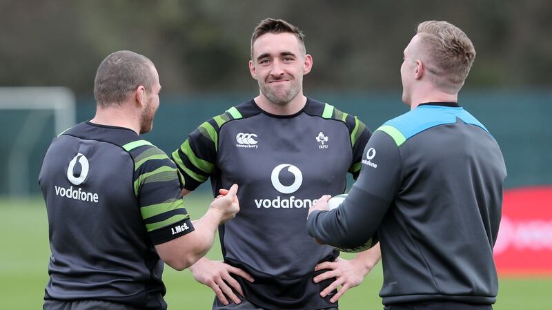 Ireland’s  Jack McGrath, Jack Conan and Dan Leavy during a training session at Carton House, Kildare. Photograph:  Niall Carson/PA