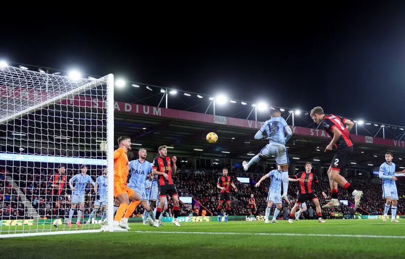 Bournemouth's Dean Huijsen (right) scoring the opening goal during the Premier League match against Tottenham Hotspur at the Vitality Stadium in December. Photograph: Adam Davy/PA Wire