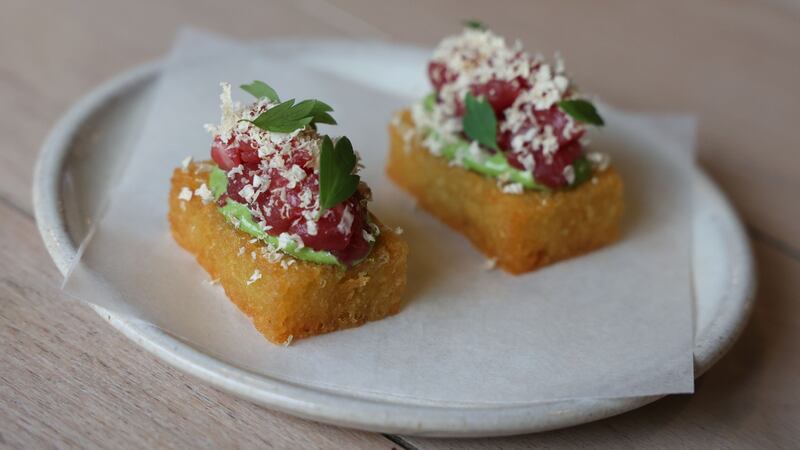 Bastible restaurant, Leonard’s Corner, Sth Circular Rd, Portobello. Confit potato, lovage, beef tartar. Photograph: Nick Bradshaw