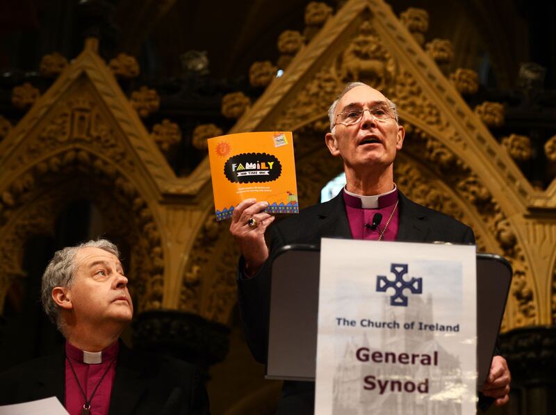 Archbishop Michael Jackson looks on as Primate of All Ireland Most Rev  Alan Harper addresses the General Synod of the Church of Ireland at Christ Church Cathedral in May 2012. Photograph: Cyril Byrne