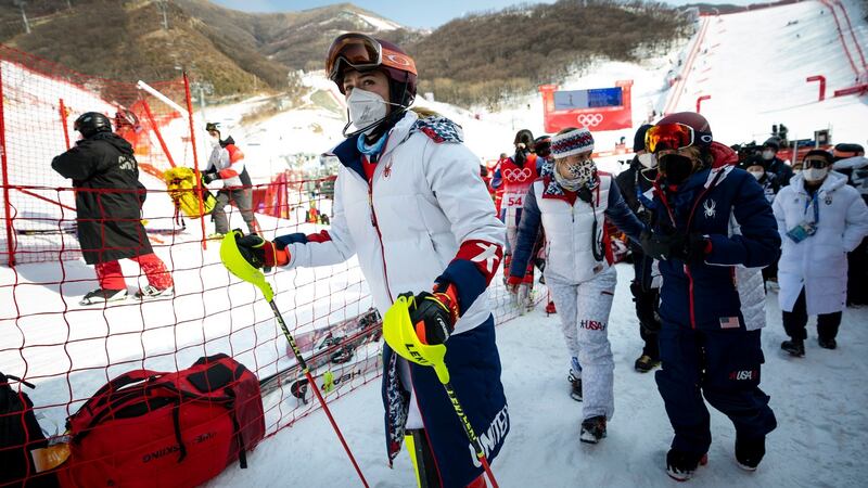Mikaela Shiffrin of the United States leaves the course after skiing out of the the women’s slalom at the 2022 Winter Olympics in Beijing, China. Photograph: Doug Mills/The New York Times