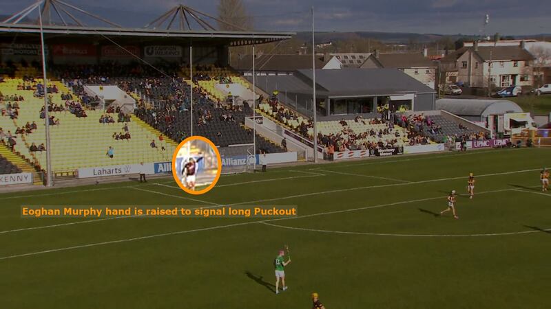 Eoin Murphy signals that the puckout is about to go long, during the league game against Limerick
