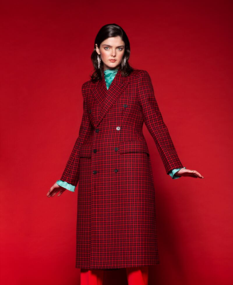 Look 3: Earrings, ¤290, Isabel Marant, red check coat, ¤2,490, Balenciaga, Brown Thomas; spearmint silk blouse, ¤475, Victoria Beckham, Beautiful South; trousers, ¤99.95, Massimo Dutti