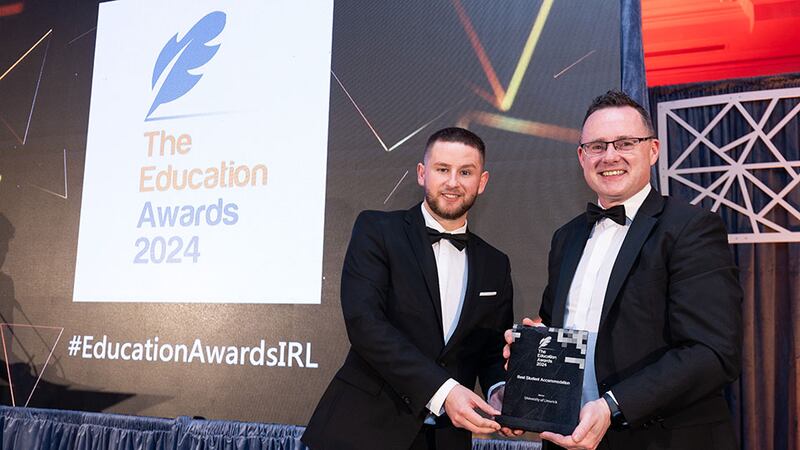 Adam Kane, community lead at Business River, presents the best student accommodation award to John O'Rourke, University of Limerick